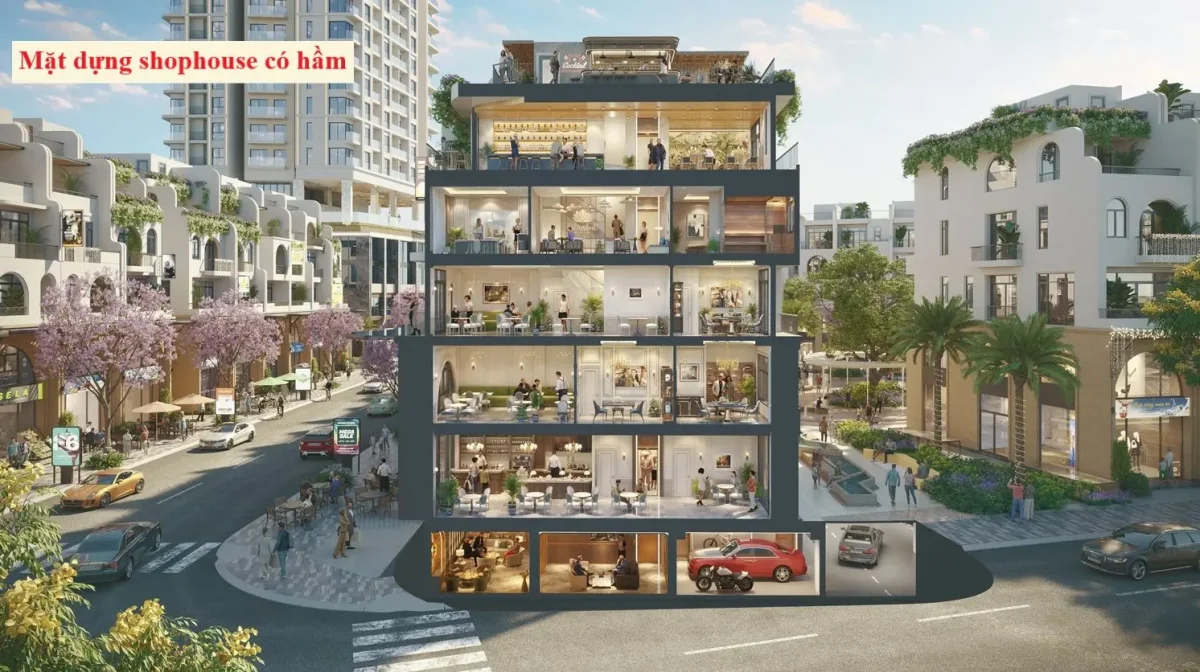 Phối cảnh shophouse CÓ HẦM tại dự án Vaquarius Văn Giang