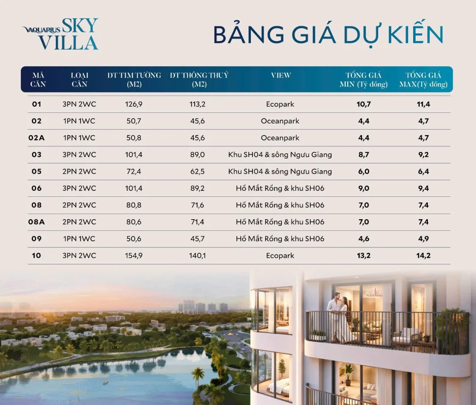 Giá bán chung cư Vaquarius Văn Giang